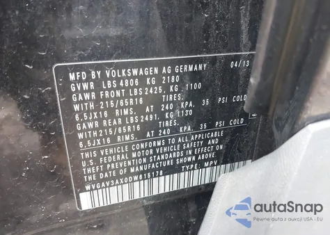 2013 Volkswagen Tiguan S z USA, uszkodzony, nr VIN WVGAV3AX0DW615178